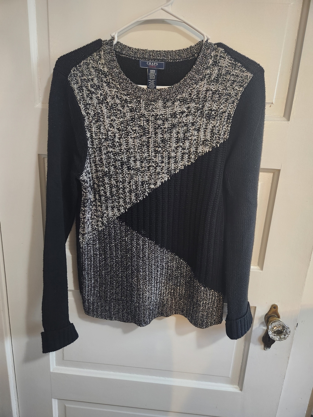 Chaps Black and White Diagonal Block Knit Crewneck Sweater
